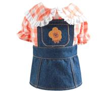 1 vêtement pour animal de compagnie, printemps et automne, coupe ajustée, chemise en dentelle à carreaux orange, robe de princesse à bretelles en jean pour chiens de petite et moyenne taille (S, bleu)