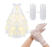 1 voile lumineux, 1 paire de gants en dentelle, voile à nœud éclairé, beau voile pour photos, voile en épingle à cheveux, voile de mariée double couche, adapté aux mariages et fêtes de communion