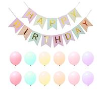 1 x Bannière Joyeux Anniversaire avec 12 Ballons Macaron Lettre Bronzante Drapeau en Queue de Poisson Décorations de Fête d'Anniversaire Guirlande (Couleur Macaron Clair).