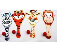 1 x jeu de balle à pagaie, raquette en bois avec balle attachée à un élastique, animaux de zoo, animaux sauvages, animaux de la jungle, zèbre, tigre, girafe, singe