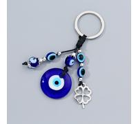 1 x Porte-clés en verre créatif à l'œil de diable bleu pour femmes, porte-clés pendentif en forme de cœur à l'œil de diable tressé, accessoires en alliage de trèfle à quatre feuilles, pendentif perle