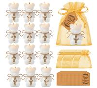 10/20 Ensembles de Cadeaux de Baptême pour Invités, Ensemble Complet Prêt à Offrir avec Croix, Ours en Peluche et Bougie, Cadeaux Religieux Chrétiens avec Sac en Organza Doré et Étiquettes de 10 Sets