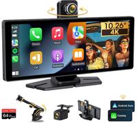 10.26 Inch Car Carplay Screen with Dashcam 4K Carplay Screen Android Auto Wireless with 350° Rotating Front Camera Portable Car Radio with Bluetooth Mirror Link Navigation Siri Map 64GB