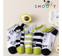 10/5/1 Paire de chaussettes courtes pour femmes en collaboration avec Snoopy, impression de l'expression du chien Charlie Brown & lettres, motif à carreaux et rayures vert avocat, chaussettes de chevi