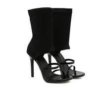 10.5CM / 4.13IN Tissu élastique Slip-on Round-Toe High-Heeled Shoes avec de Fines Bretelles Mid-Cut Open-Toe Stiletto Sandals,Noir,38 EU