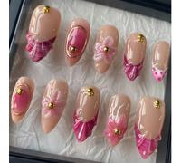 10 autocollants d'ongles à presser de forme amande nude faits main, avec un style simple et élégant, des fleurs sculptées en 3D, des perles et des billes en acier doré, et une finition dorée. Ils sont