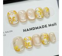 10 Bandes d'ongles de luxe faites main | Couleur de base nude œil de chat, fleurs jaunes peintes à la main avec décoration de rosée | Forme carrée courte ovale | Ensemble d'ongles de jardin de printem