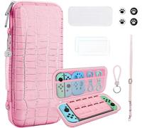 10 En 1 Pochette De Transport Compatible Avec Nintendo Switch Oled, Nouveau Crocodile Texture Étui Rigide De Housse Avec Poignée, Coque Switch Pour Accessoire & Console Pour Cadeaux Filles(Rosa