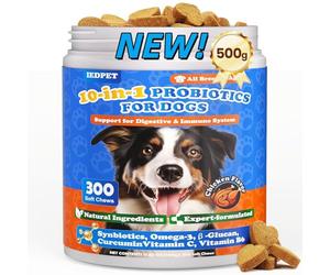 10-en-1 Probiotiques pour chiens - Formule Premium de 500 g avec probiotiques et prébiotiques, pour les soins quotidiens de l'intestin et le bien-être général, facile à administrer, très palatable