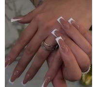 10 faux ongles carrés faits main à couverture complète en français, en châtaigne et blanc, simples et élégants, stylés et délicats. Ils ajoutent une touche de romantisme à vos doigts tout en mettant s
