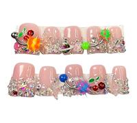 10 faux ongles roses en forme de bec de canard, taille M, faits main, avec cerise 3D et strass, faux ongles acryliques pour femmes