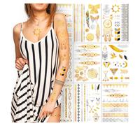 10 feuilles de tatouage au henné métallisé paillettes pour les femmes filles, mandalas, éléphants Durable Tatouages temporaires adultes, faux tatouages 3D Décoration corporelle temporaire réaliste