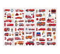 10 feuilles de tatouages temporaires de la série camion de pompier, avec des éléments de camions de pompier, pompiers, extincteurs et équipement de lutte contre l'incendie, avec 81 designs. Imperméabl