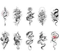 10 Feuilles De Tatouages Temporaires Pour Femmes Filles Fleurs Serpent Dragon Tatouage Ephemere Temporaire Hommes Enfants Imperméable 3D Autocollant D'Art Corporel Autocollant
