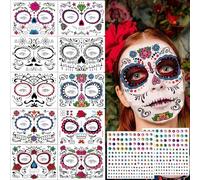 10 Feuilles Halloween Tatouages Temporaires pour visage, 2 Autocollant Diamant, Crâne mort Floral Squelette Noir Tatouages éphémères Pour Adulte Enfants Autocollants Déguisement Costume Maquillage