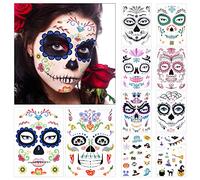 10 feuilles Halloween Tatouages Temporaires pour visage, Crâne Mort Floral Squelette Noir Visage Éphémères pour Homme Femme Adulte Enfants