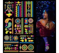 10 Feuilles Néon Tatouages Temporaires, Neon Autocollant de Tatouage Imperméable, Tatouages Fluorescents de Visage Corps, Lueur UV Tatouages Éphémères pour Body Art, Fête Fluorescente, Carnaval