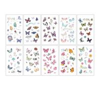 10 feuilles papillons、sirène、animaux de mer tatouages temporaires imperméables, tatouages de dessins animés de styles mixtes, cadeaux de maquillage de fête (W)