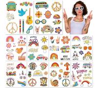 10 Feuilles Tatouages Temporaires Hippie Années 70 Résistants à l'Eau Paix Amour Flower Power Smiley Arc-en-Ciel Autocollants pour Anniversaire Fête de Groupe Festival