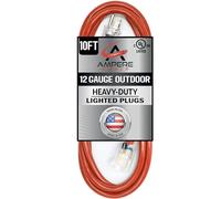 10 ft - 12 Gauge Extension Cord Outdoor - Made in USA - Lighted on Both Ends - Red Outdoor Extension Cord Waterproof by Ampere Cable - Heavy Duty Extension Cord 10 ft 15 Amp Extension Cord