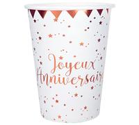 10 gobelets carton joyeux anniversaire rose gold à étoiles - Blanc - Taille Unique