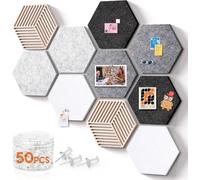 10 hexagonales en feutre et liège pour tableau d'affichage,20 x 36 cm | Tableau d'affichage mural en feutre autocollant à monter soi-même, comprenant 110 punaises