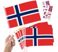 10 Mini Drapeaux Norvège sur Hampe + 2 Tatouages Éphémères Déco Match | Mini Drapeaux Norvège sur Hampe Drapeaux à Agiter Foot Nations League 2026 Jour Constitution Défilé Supporter Soirée