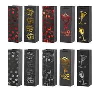 10 PCS Sacs-Cadeaux de Vin Noir, Sacs en Papier de Bouteilles de Vin, Sacs d'emballage de Vin Bouteille Simple, Pochettes à Cadeaux pour Bouteille de Vin/Champagne/Whisky avec Poignée, 5 Motifs