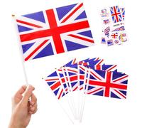 10 Petits Drapeaux Union Jack sur Tige & 2 Tatouages, Mini Pavillon Britannique Main avec Bâton pour Coupe du Monde Football 2026 Trooping the Colour Décoration Fête Déco Défilé Sport