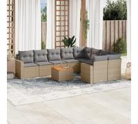 10-Piece Beige Wicker Patio Furniture Set with Cushions - Outdoor Rattan Sofa Set for Garden, Terrace Durable Resin Wicker Acacia Wood Table - Modular Design, Weather-Resistant, Easy to Clean