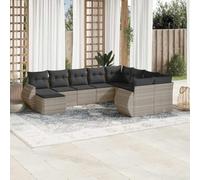 10-Piece Light Gray Woven Resin Outdoor Patio Furniture Set with Cushions - Modular Garden Sofa Set with Glass Top Table for Backyard, Terrace - Durable Weather-Resistant Rattan Style Seating Group