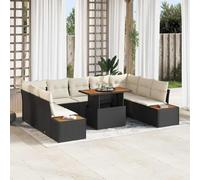 10-Piece Outdoor Dining Set, Modern Garden Patio Furniture with Table and Storage Seats, All-Weather Black Beige Rattan Sofa Set for Backyard Terrace, UV Resistant Powder Coated Steel Acacia Wood