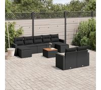 10-Piece Outdoor Patio Furniture Set with Cushions, Black Wicker Resin Garden Sofa Set for Backyard, Terrace, Durable Weather-Resistant Rattan Sectional Seating Group with Acacia Wood Table