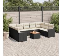 10-Piece Outdoor Patio Furniture Set with Cushions, Black Wicker Resin Garden Sofa Set for Backyard, Terrace, Durable & Weather-Resistant, Modular Design, Acacia Wood Table, Cream White Cushions