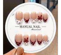 10 pièces 100% fait main Autocollants d'ongles en forme d'amande peints à la main | Motifs de points de polka de lapin nude, rose, rouge, blanc, mode, doux, mignon, dynamique, luxueux | Réutilisables,