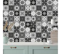 10 pièces/20 pièces Papier peint adhésif en PVC, motif floral classique noir et blanc plat, stickers muraux, stickers carrelage, stickers décoratifs muraux, convient pour la maison, la cuisine, le sal