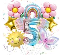 10 Pièces 5 Ans Ballons Decoration Anniversaire avec Papillon & Soleil, Ballon Aluminium 5 An Colorés, Décoration Cadeau pour Fête d'Anniversaire Enfant Garçon Fille