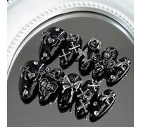 10 pièces Autocollants d'ongles à presser de forme amande longue et sombre. Ensemble d'art d'ongles de style punk sombre, décoré avec des ailes noires, un crâne, un papillon, une rose vintage, une éto