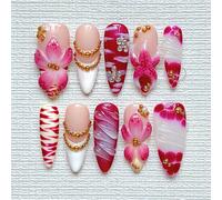10 pièces Autocollants d'ongles longs en forme d'amande élégants Y2K - Pointe française blanche avec dégradé rouge floral, breloques étoile de mer 3D et goutte d'or cristal - Set d'art d'ongles festin