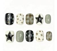 10 pièces Autocollants pour ongles à motif de séquence d'encre en grille étoilée. Ce design d'ongles présente une palette de couleurs monochromes de noir, blanc cassé et gris-vert, associée à des moti
