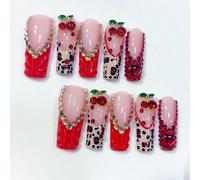 10 pièces Autocollants pour ongles faits main de style Y2K, forme cercueil extra longue, rouge et nude, avec imprimé léopard, décoration de strass rouges de luxe et décoration de cerises 3D ; convient