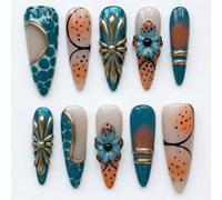 10 pièces Autocollants pour ongles faits main Y2K bohème rétro en forme d'amande, design contrasté bleu-vert et orange exotique, décorés de fleurs en métal doré, ensemble d'art pour ongles amovible et