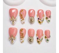 10 pièces Capsules d'ongles en forme d'amande de style Y2K avec design français, disponibles en couleurs nude et blanc, décorées de strass, de saints, de croix, de perles d'acier et d'éléments de faux