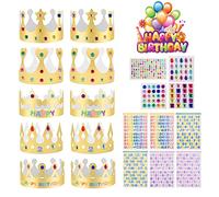 10 Pièces Chapeaux de Couronne de Papier de Fête D'or, avec 4 Autocollants Strass et 6 Autocollants Alphanumériques, Couronnes en Papier Dorées pour Enfant et Adulte Fête d'anniversaire (5 Styles)