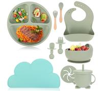 10 Pièces Coffret Repas Bebe Assiette Coffrets Bébé Kit Vaisselle 1er Age Ventouse Silicone Compartiments Apprentissage Enfant Couvert Cuillere Fourchette Bol Tasse Bavoir Napperons Incassable Vert