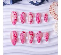 10 pièces d'art des ongles artisanaux en amande dans les couleurs rose rouge et blanc, avec un dégradé irrégulier. Ils sont attrayants tout en étant discrets, incarnant la simplicité, le style et la s