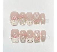 10 pièces d'autocollants à ongles faits main, forme rectangulaire moyenne, couleurs rose et blanc, purs et doux, mignons et sucrés, créant une ambiance douce et enneigée d'hiver. Convient aux femmes e