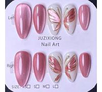 10 pièces d'autocollants d'ongles à presser faits à la main, incluant des formes amande, french, rose, blanc, or et autres styles, décorés avec des motifs œil de chat rose brillant et papillon artisan