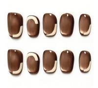 10 pièces d'autocollants d'ongles carrés faits à la main de taille moyenne. La couleur principale est un riche brun foncé œil de chat, comme une sauce au chocolat lisse. Décoré de lignes blanches asym