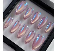 10 pièces d'autocollants d'ongles faits main en forme d'amande, yeux de chat violet vif, design à bordure, minimaliste et doux, mettant en valeur la longueur de la main, convenant aux filles et aux fe